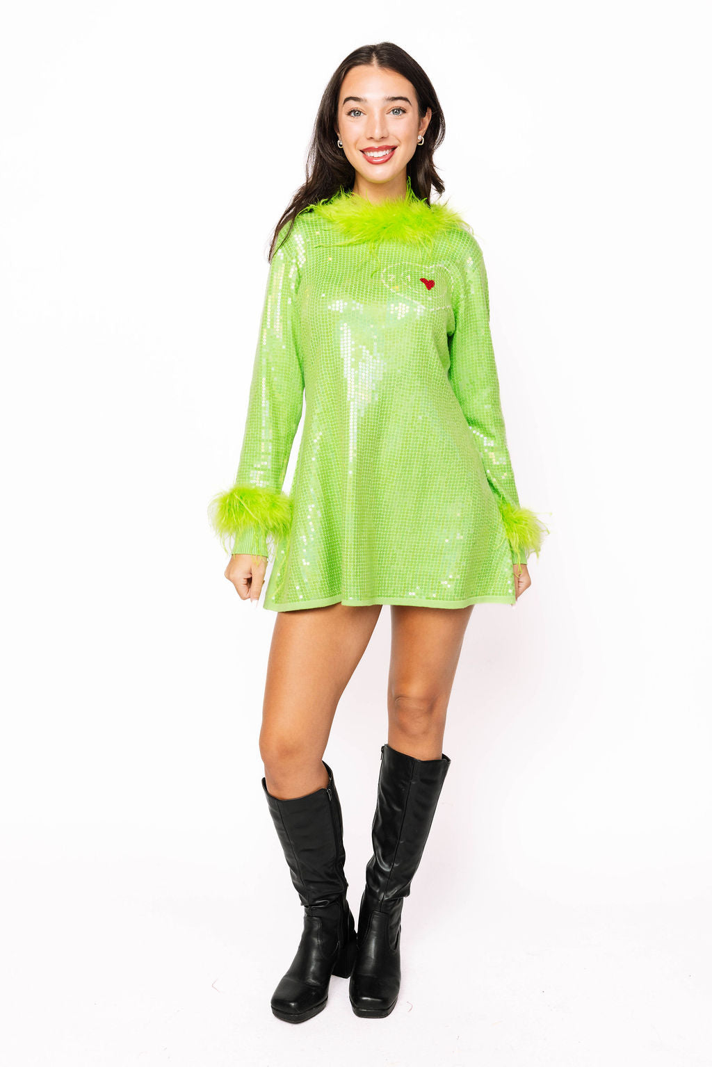 Green Full Sequin Feather Trim Grinch Heart Dress