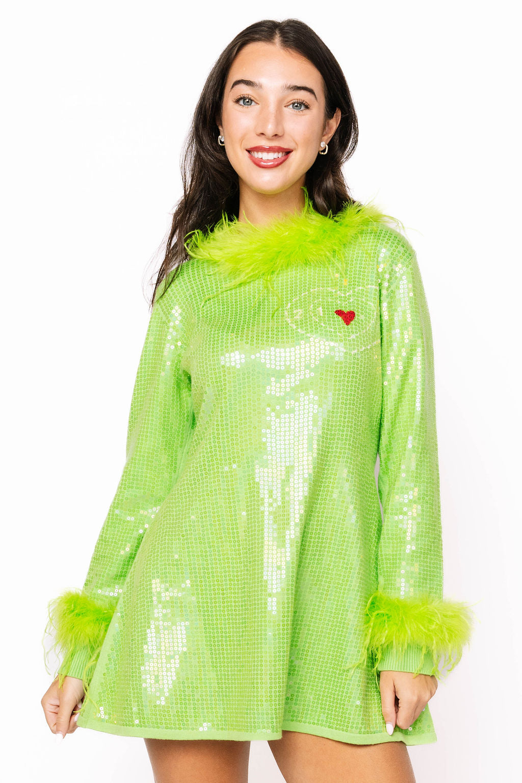 Green Full Sequin Feather Trim Grinch Heart Dress