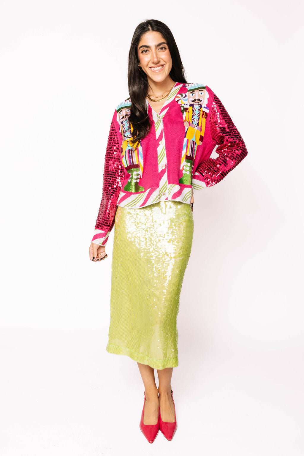 Hot Pink Peppermint Nutcrackers Shard Sequin Sleeve Cardigan