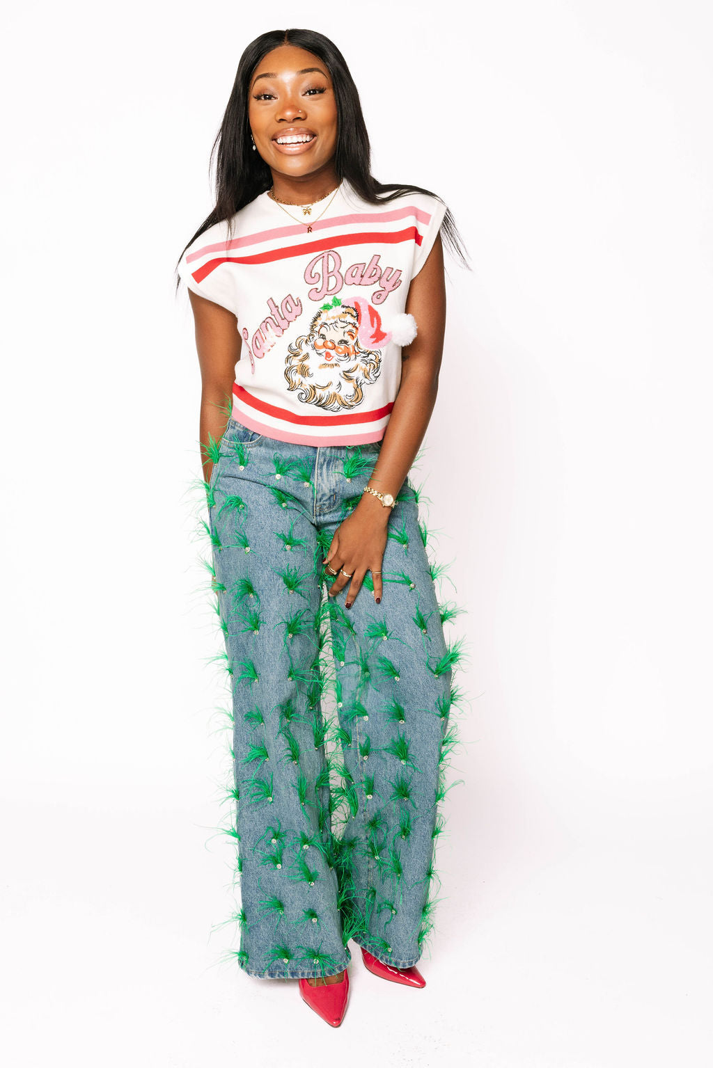 Red, Pink & White Stripe 'Santa Baby' Fuzzy Santa Top