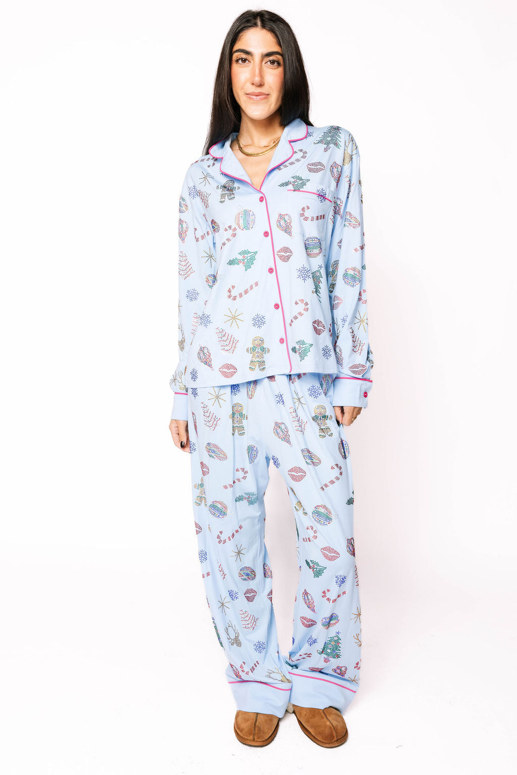 Light Blue Multi Christmas Icon Long Sleeve PJ Top