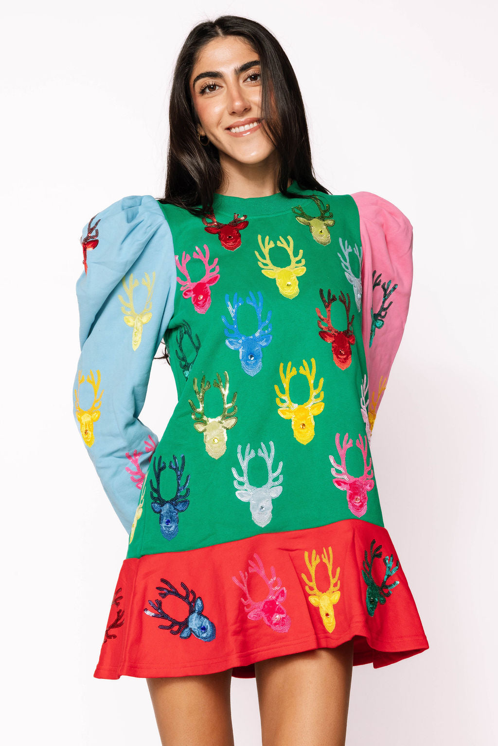 Colorblock Dress With Velvet Reindeer Heads