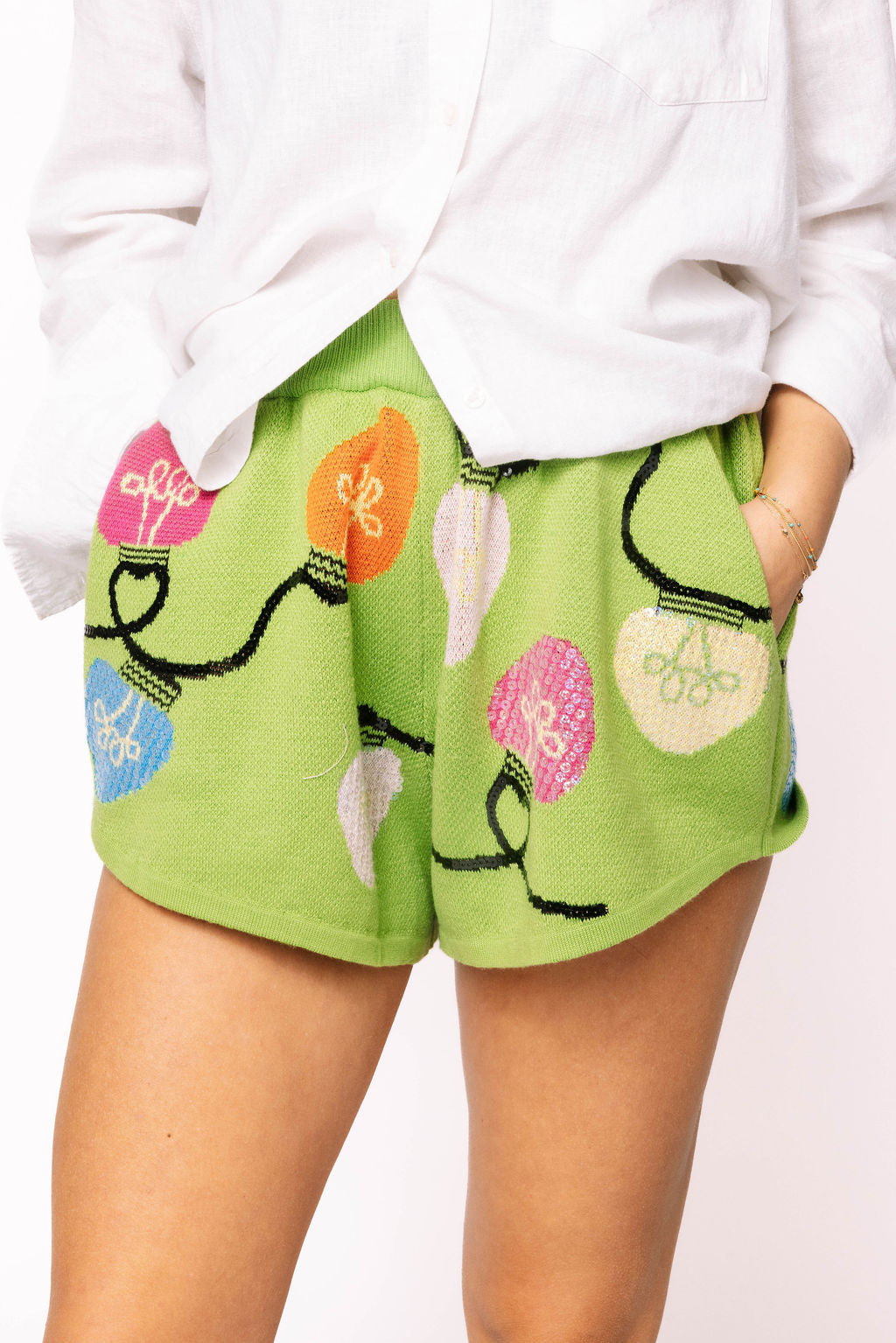 SAMPLE- Green Multi Christmas Light Knit Shorts