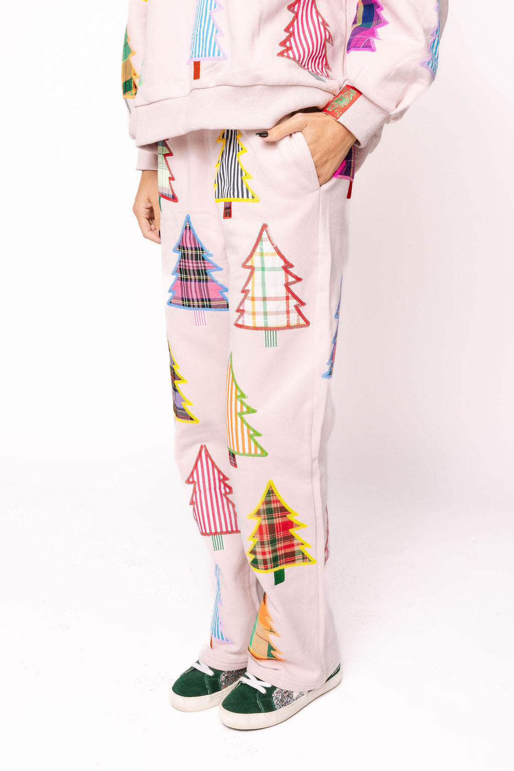 Light Pink Multi Plaid & Stripe Christmas Tree Sweatpant