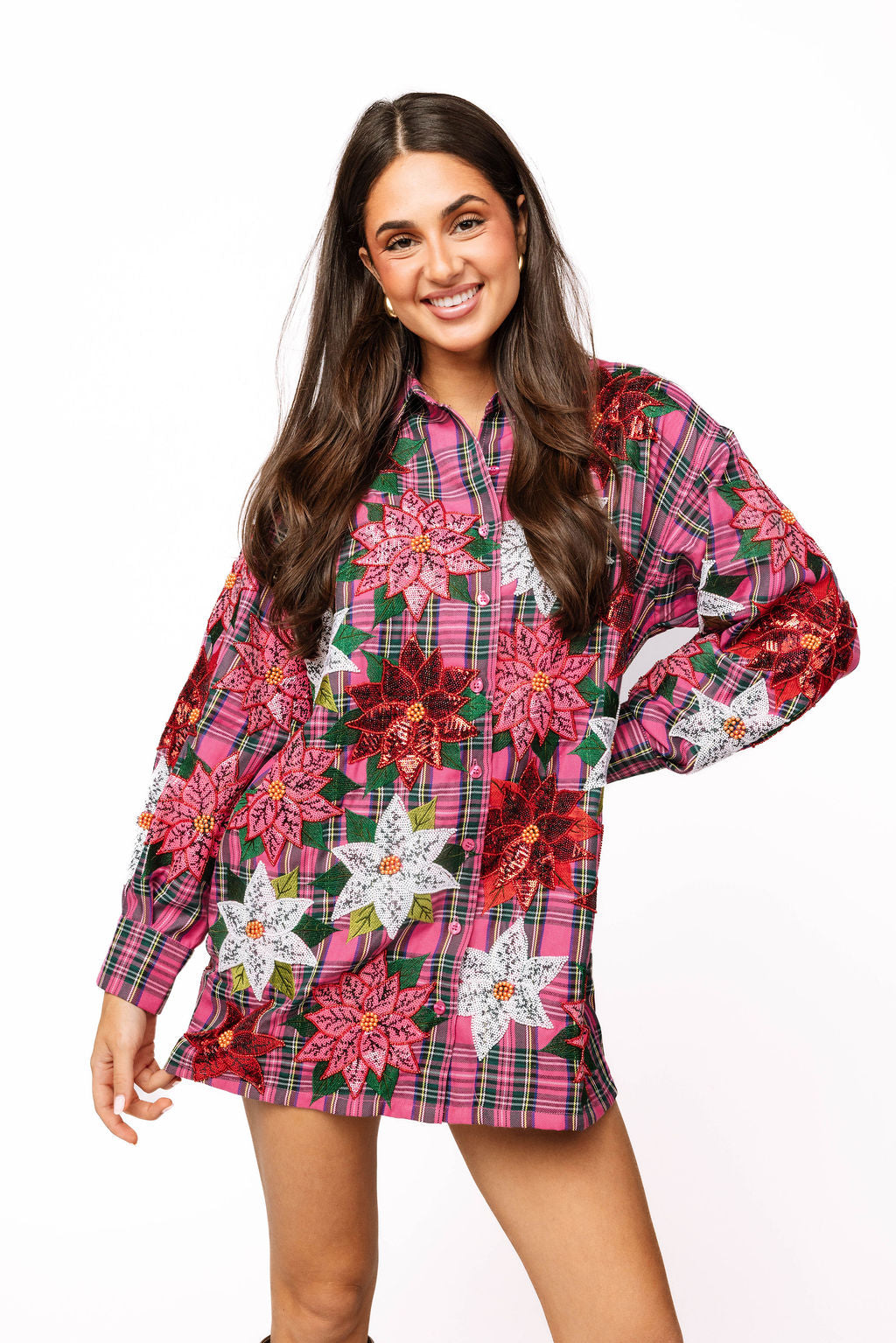 Pink Plaid Poinsettia Button Up Long Sleeve Dress