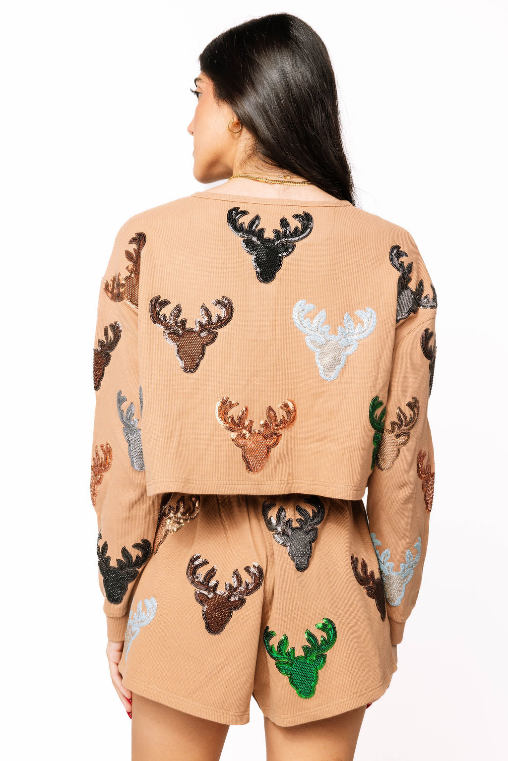 SAMPLE- BROWN WAFFLE SCATTERED DEER HEAD TOP/SHORT SET