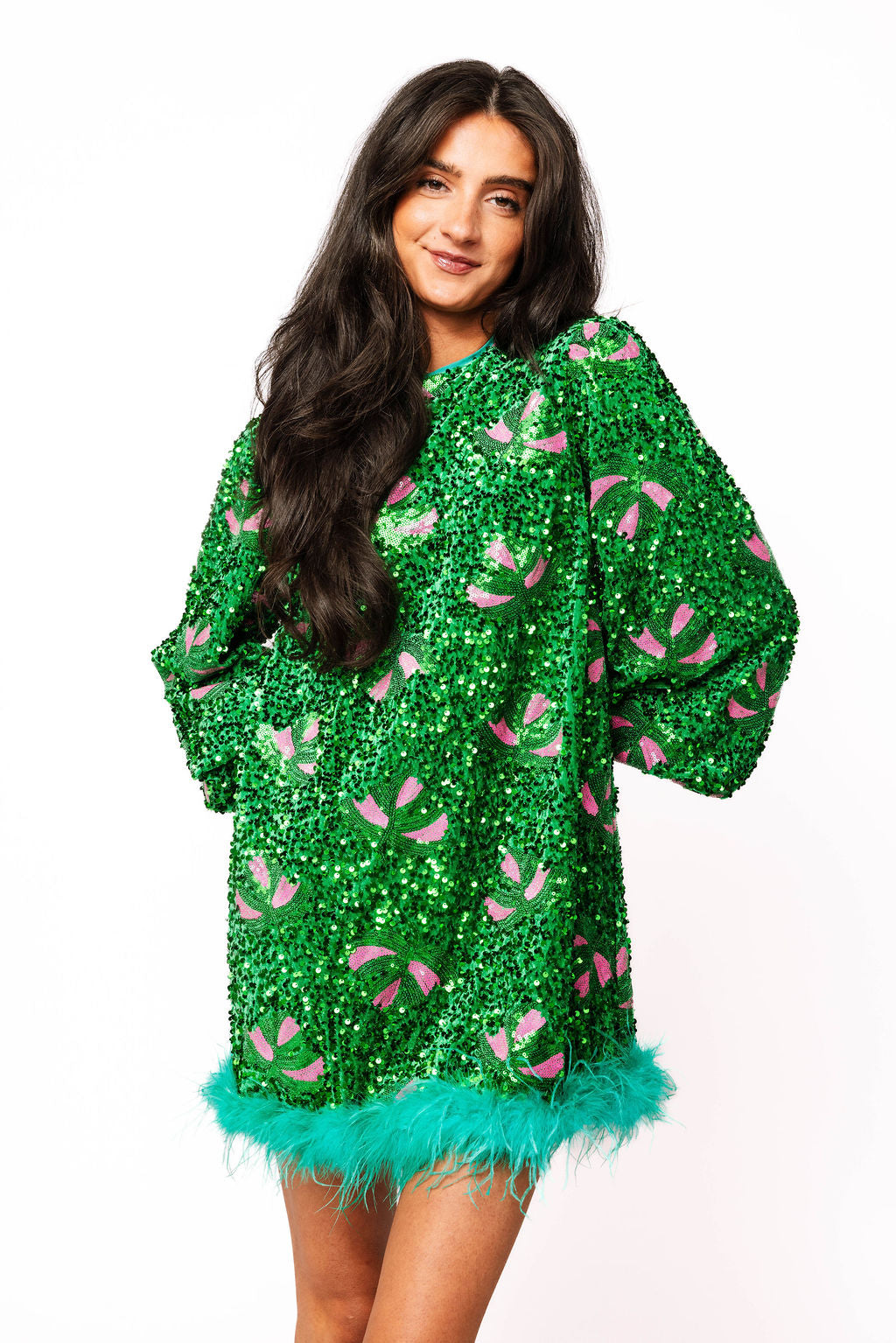 SAMPLE- Velvet Sequin Leaf Feather Bottom Balloon Sleeve Dress