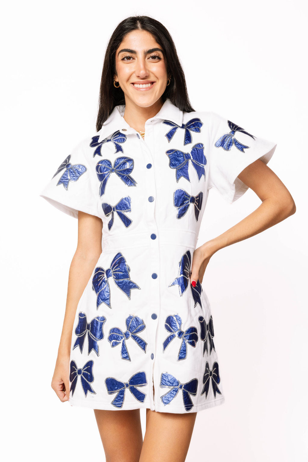 SAMPLE- White & Royal Metallic Bow Dress