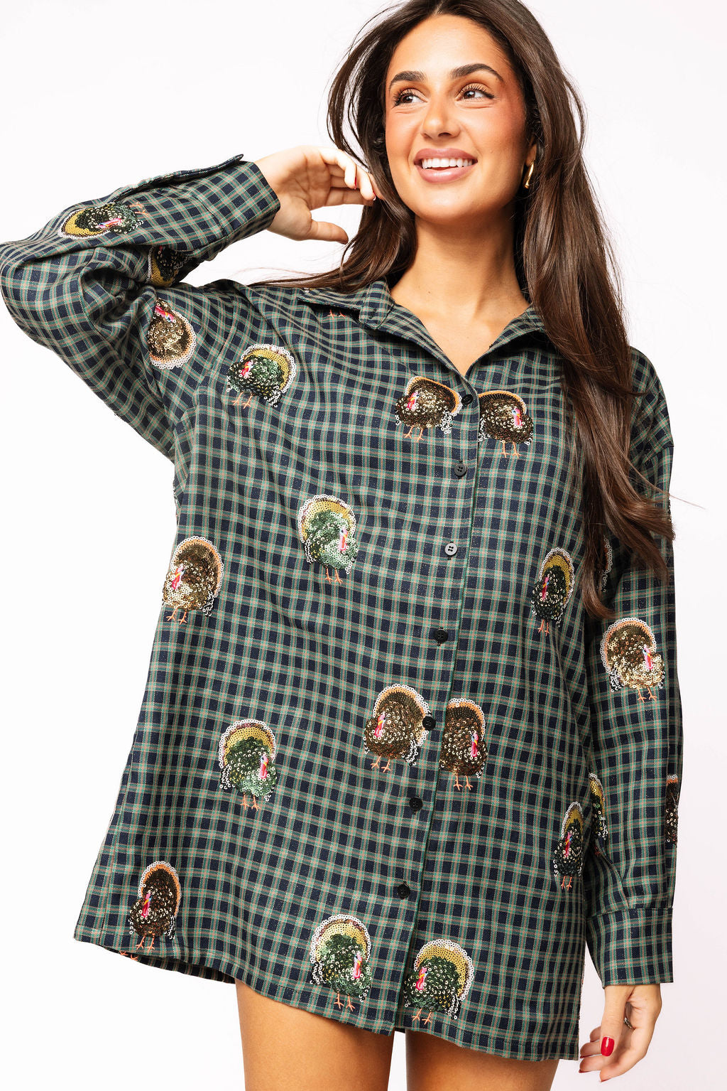 Navy Plaid Scattered Turkey Button Up Dress