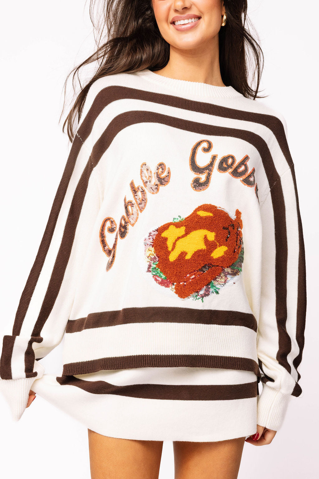 White & Brown Stripe 'Gobble' Long Sleeve Sweater