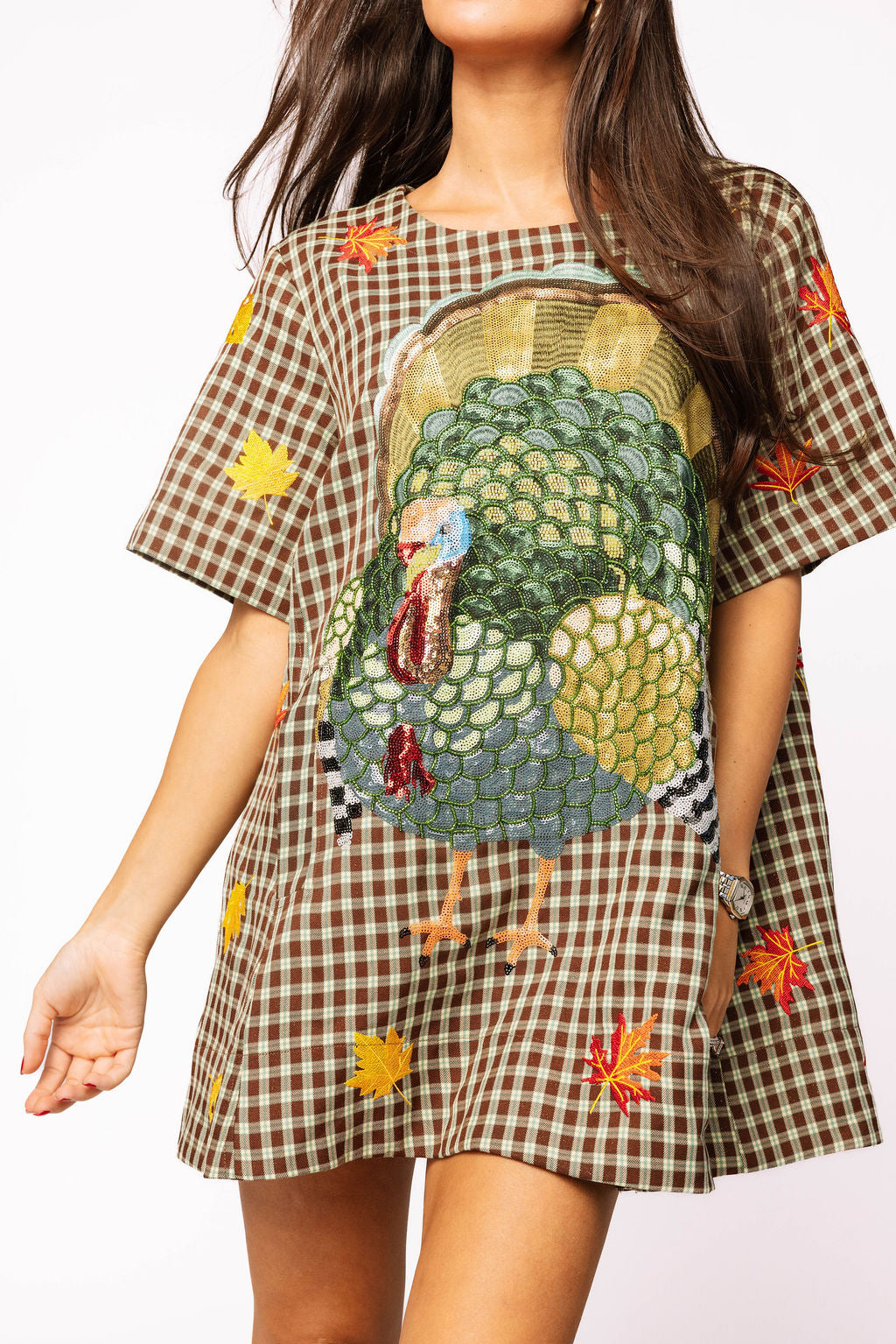Brown Plaid Big Turkey & Leaves Short Sleeve Dress