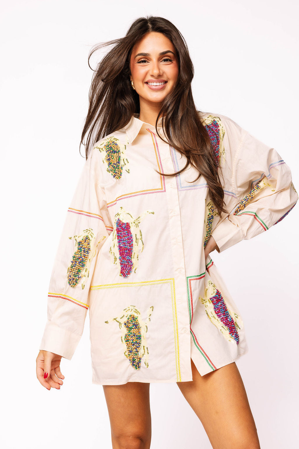 Beige Button Up Multi Corn Cotton Collar Dress