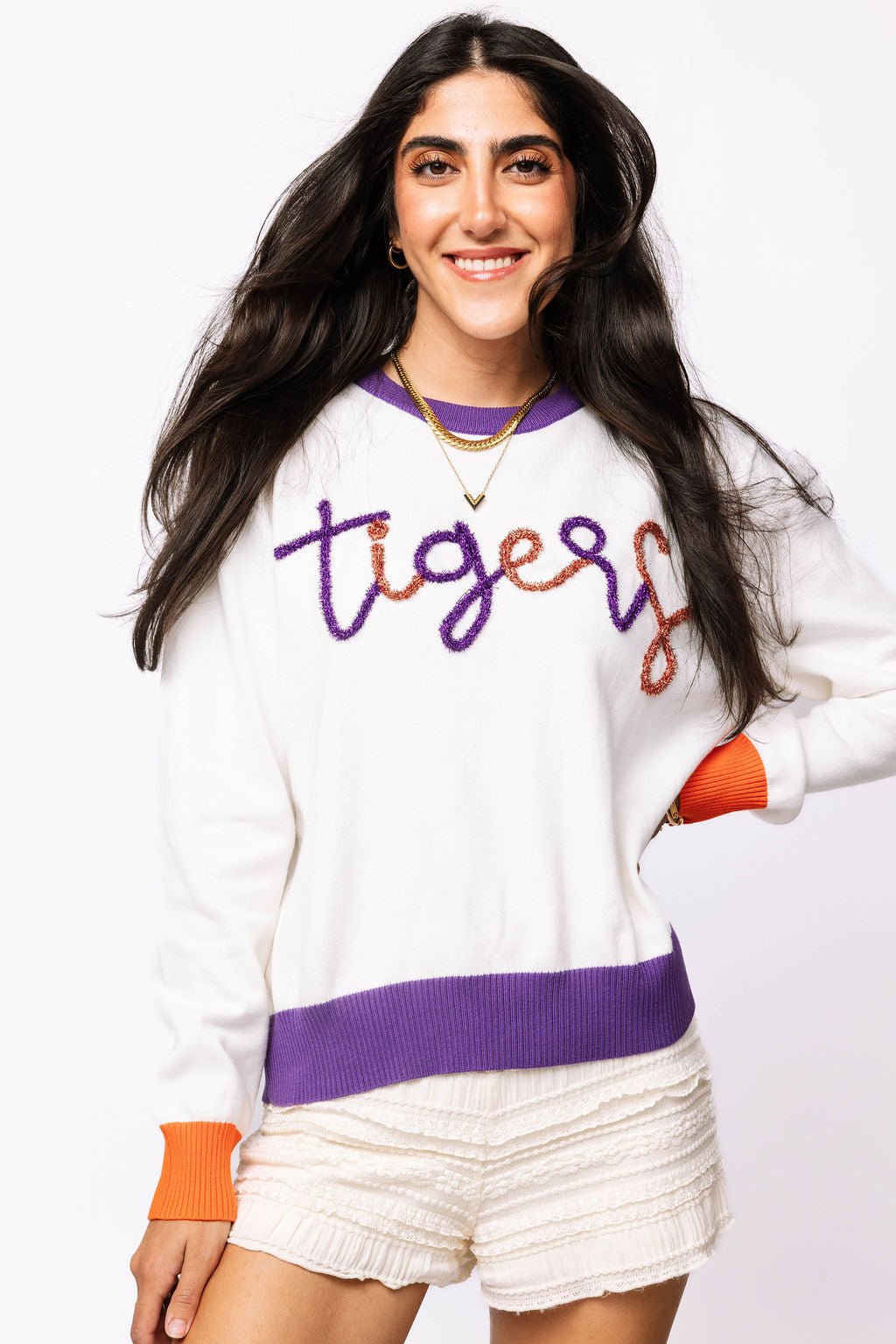 Licensed White With Purple & Orange "Tigers" LS Sweater