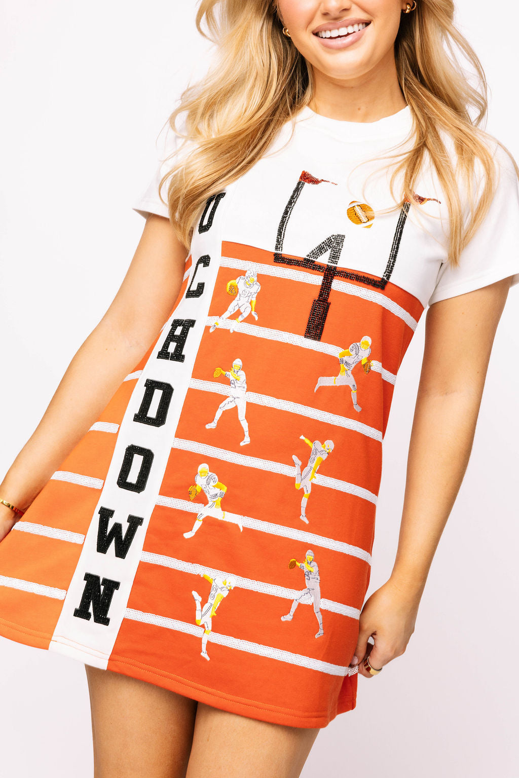 SAMPLE - Burnt Orange & White Touchdown Football Field Tee Dress
