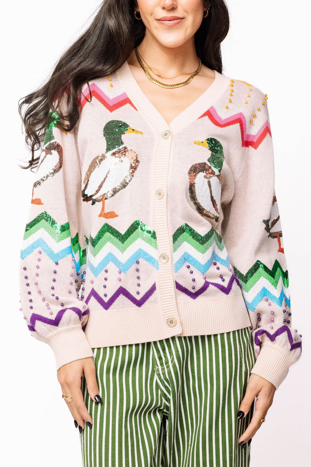 Beige Multi Zig Zag Duck Cardigan