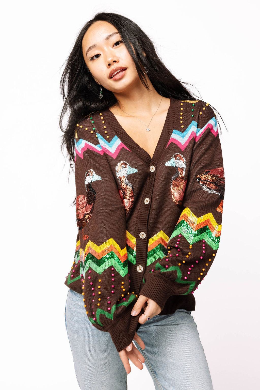 Brown Multi Zig Zag Duck Cardigan