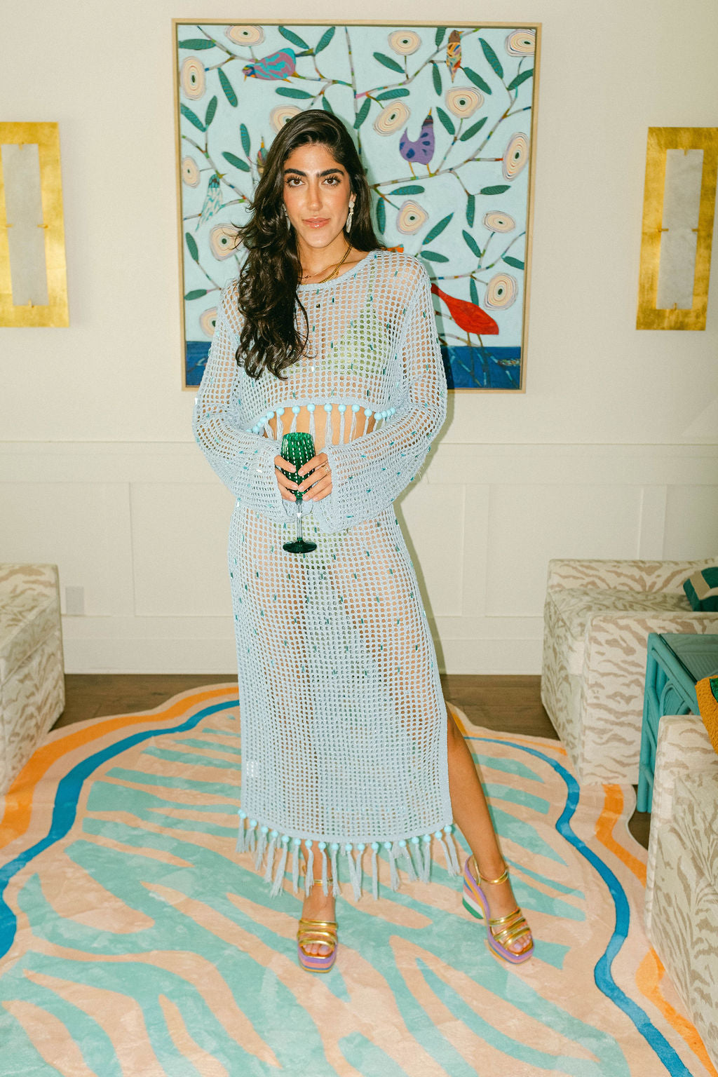 Light Blue Mesh Fringe Coverup Midi Skirt