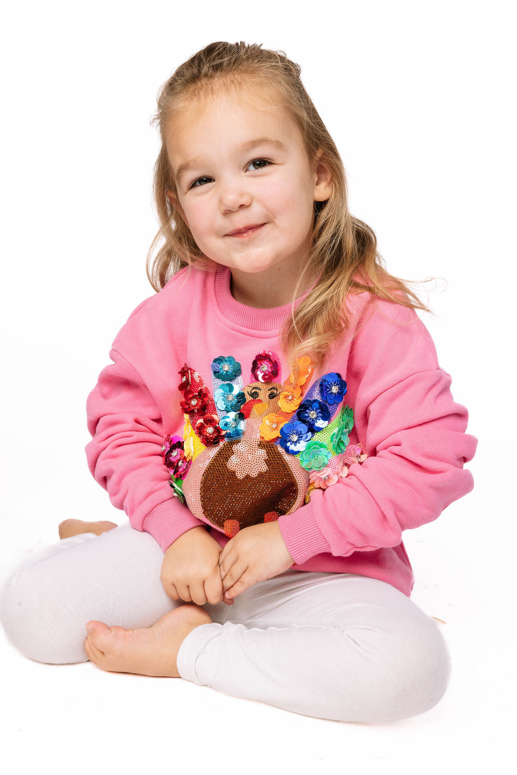 Kids Pink Rainbow Flower Turkey Sweatshirt