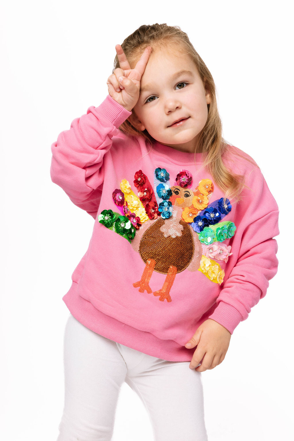 Kids Pink Rainbow Flower Turkey Sweatshirt