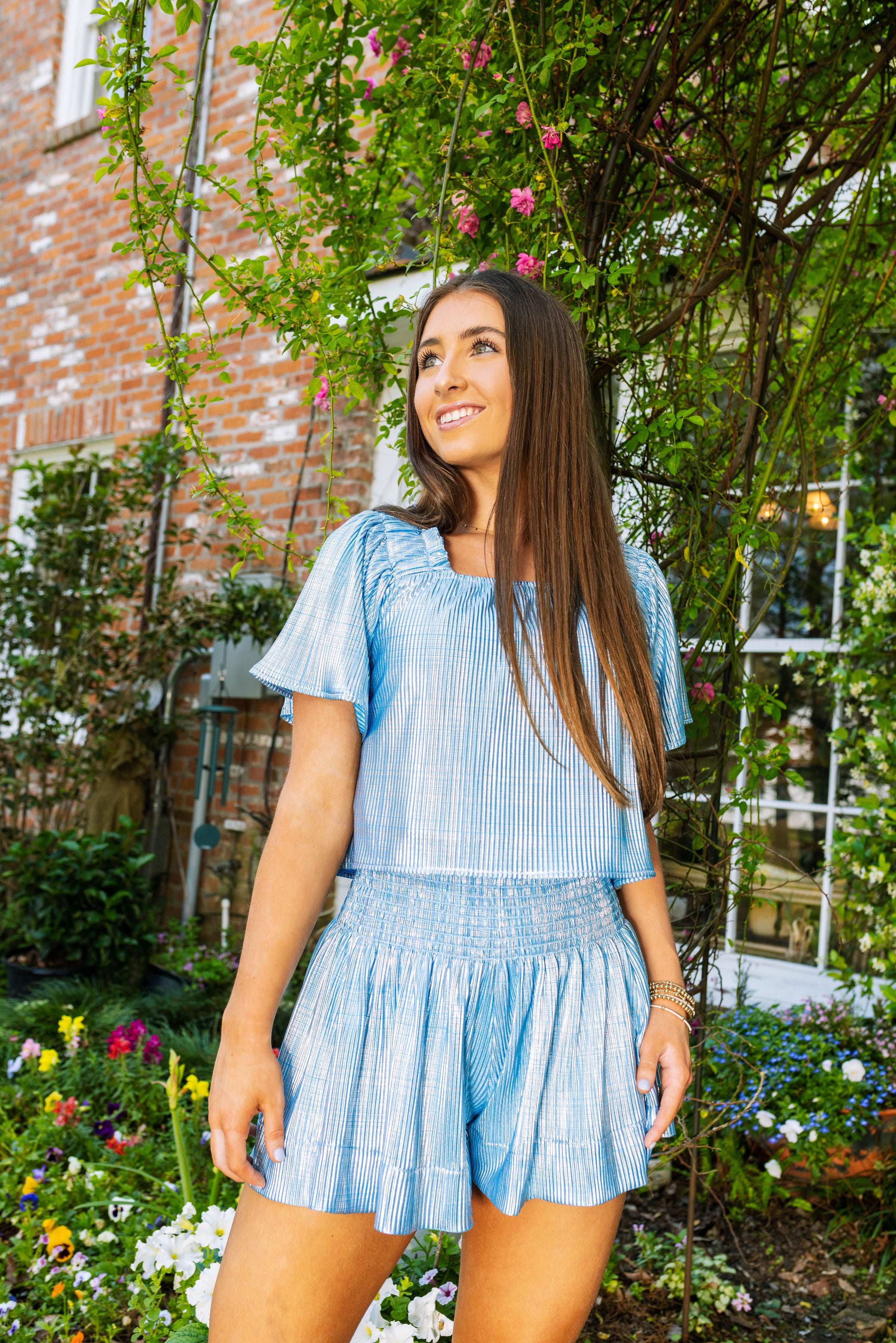 Light Blue & Silver Ribbed Flutter Top